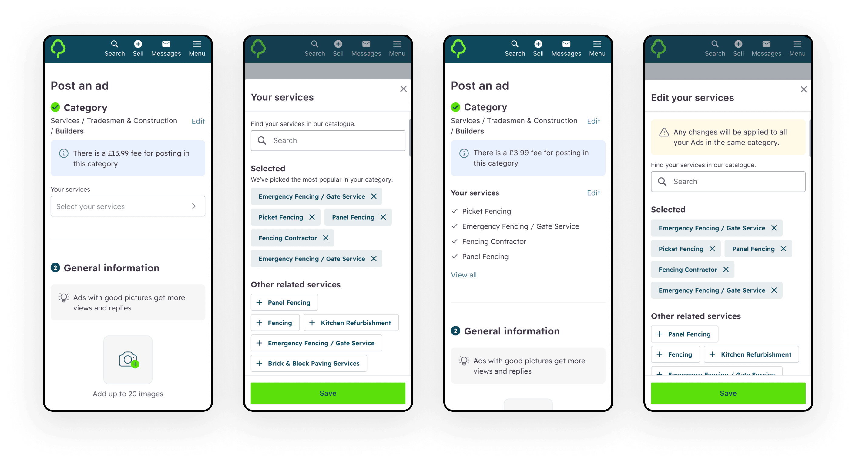 Seller journey flow showing the complete process from listing creation to managing skills