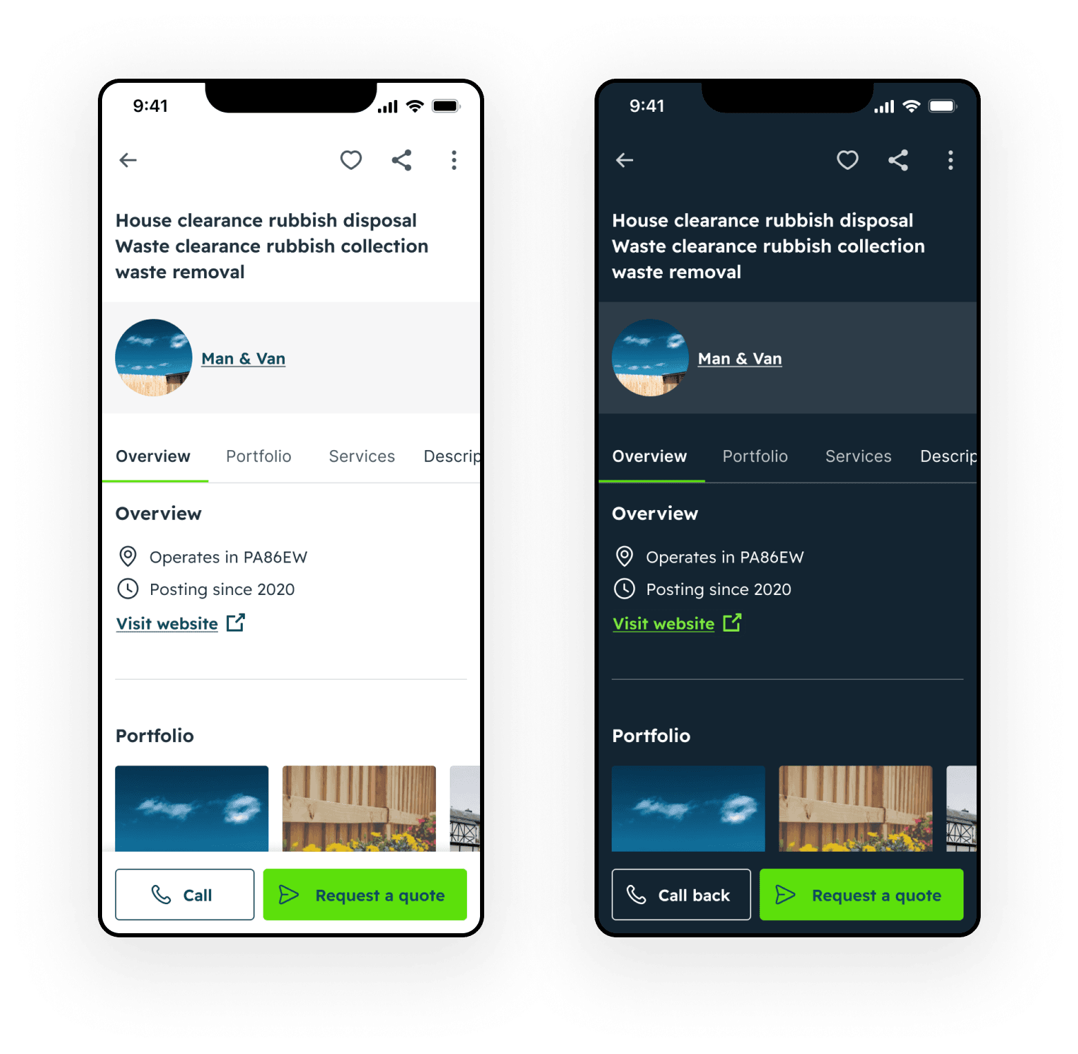View Item Page showing enhanced Bark provider profile with verified skills, ratings, and improved CTAs