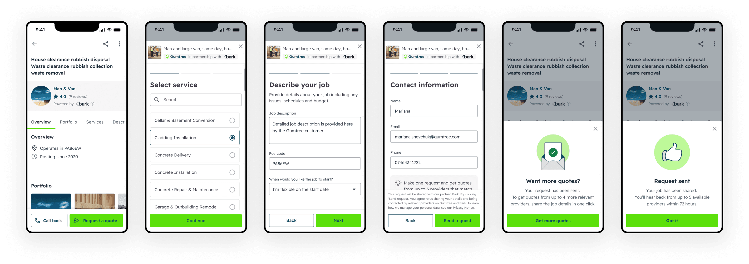 Request a quote feature user flow showing the complete journey from service selection to quote confirmation