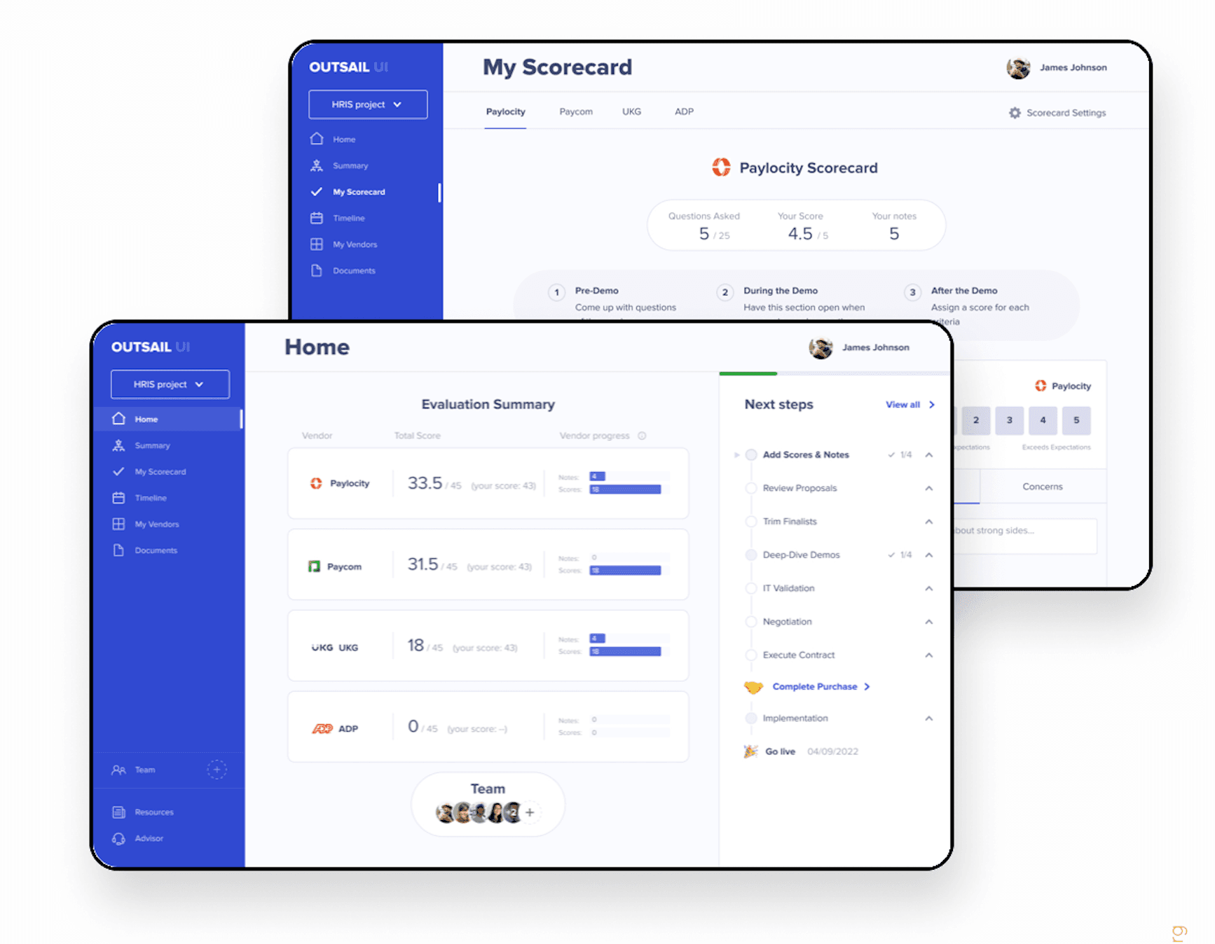 Outsail UI - Vendor Selection Platform showing Home dashboard and My Scorecard interface