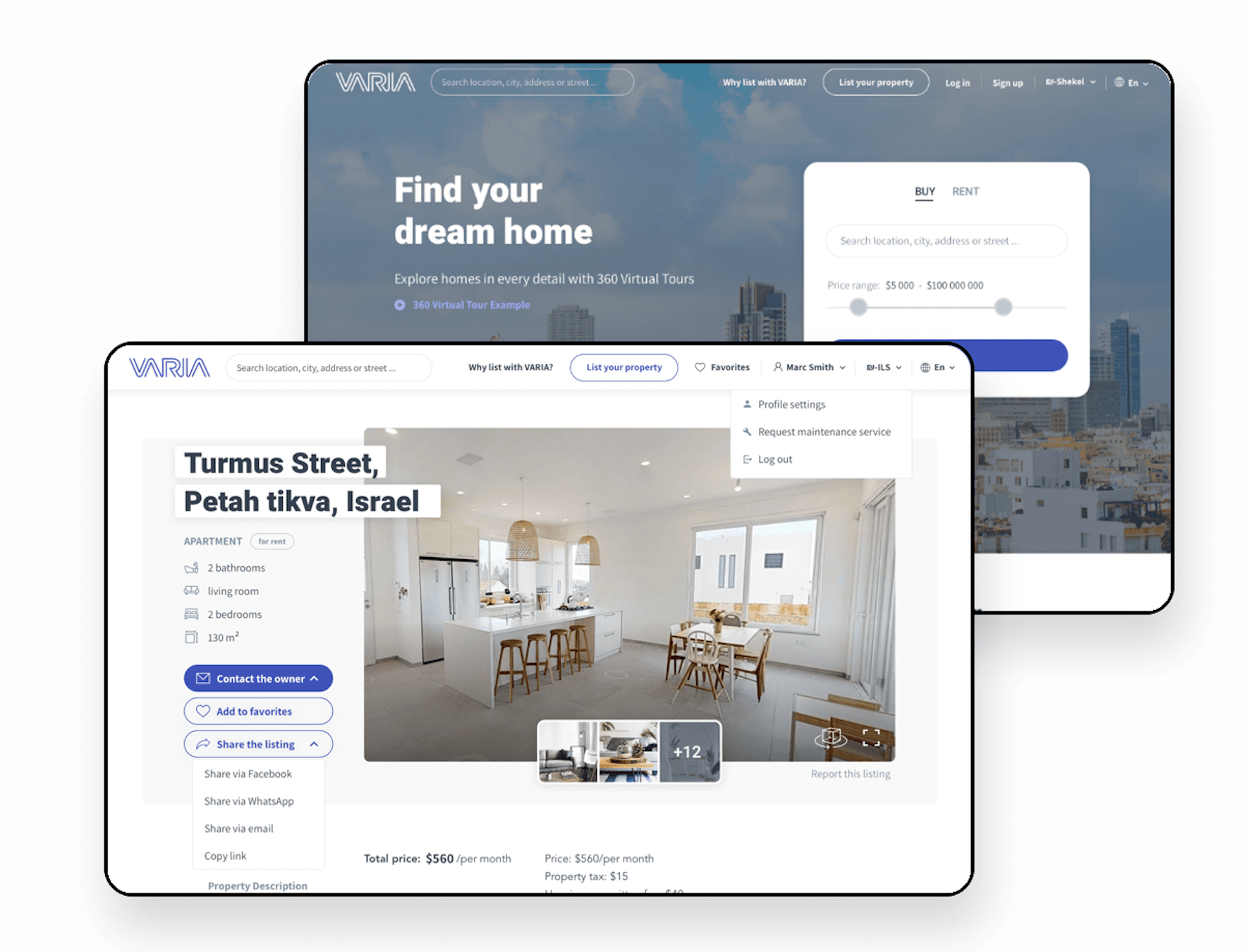 Varia Real Estate Platform showing homepage search interface and property details page with 360° virtual tour capabilities