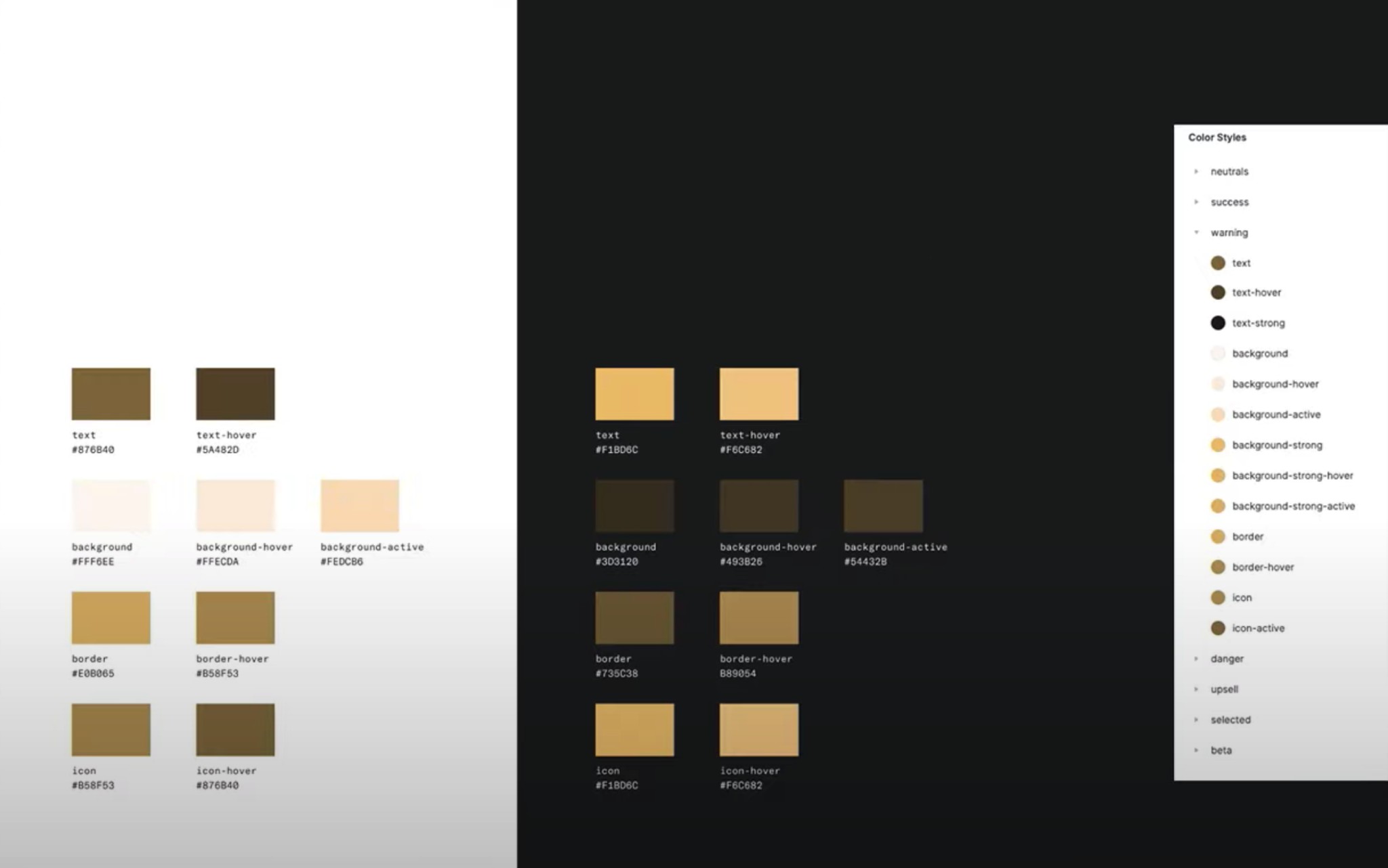 Design tokens for light and dark mode: color swatches and token definitions for text, background, border, and icon