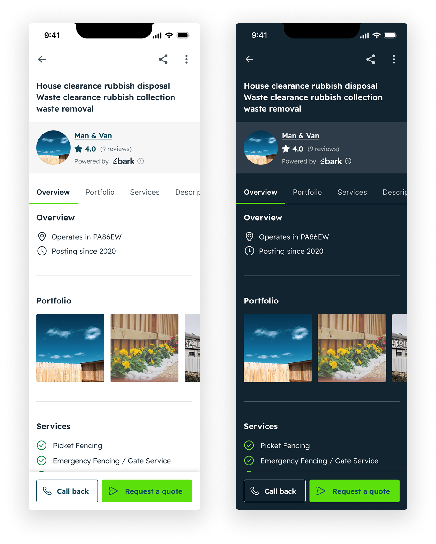 View Item Page showing enhanced Bark provider profile with verified skills, ratings, and improved CTAs