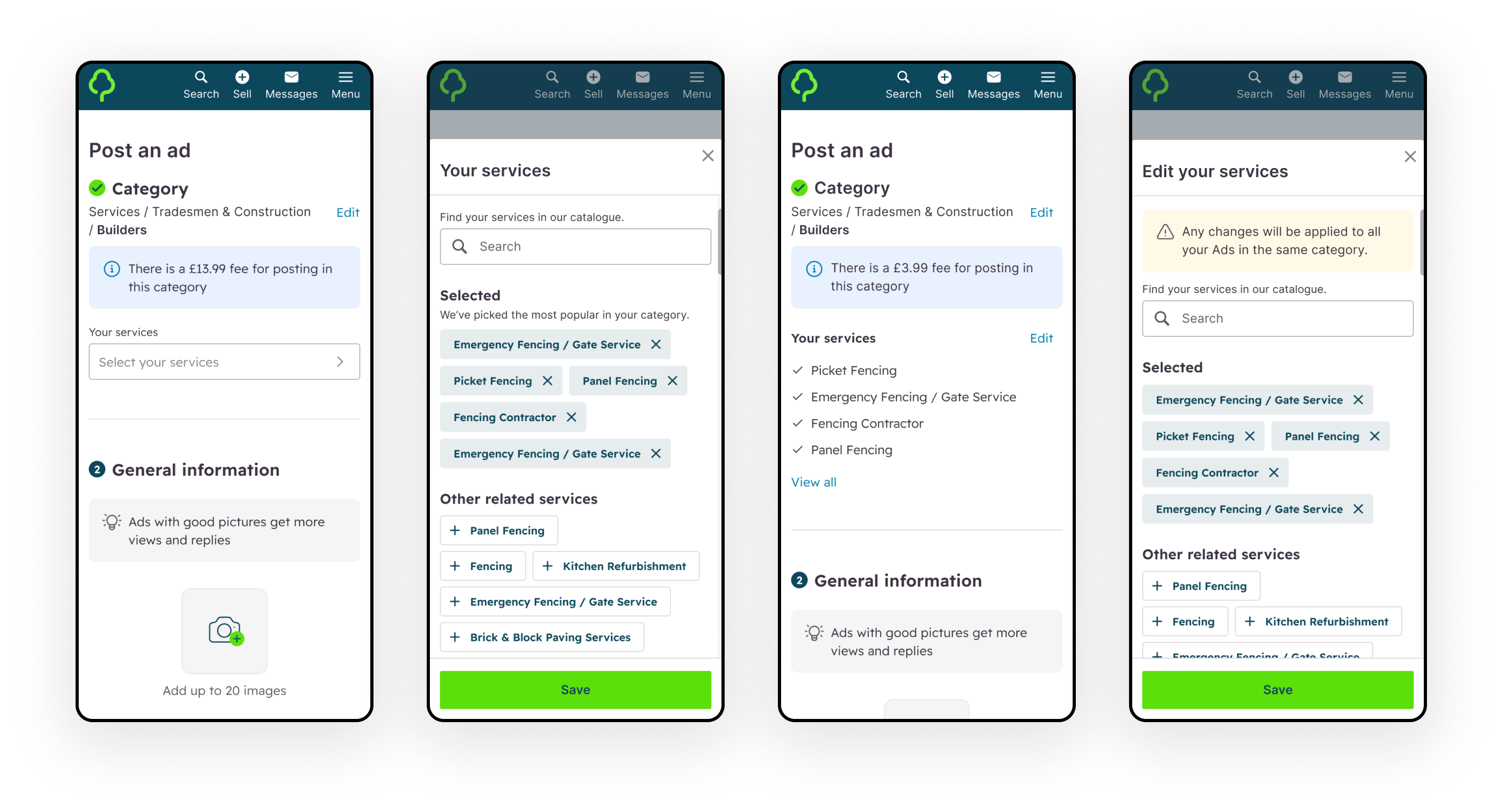 Seller journey flow showing the complete process from listing creation to managing skills