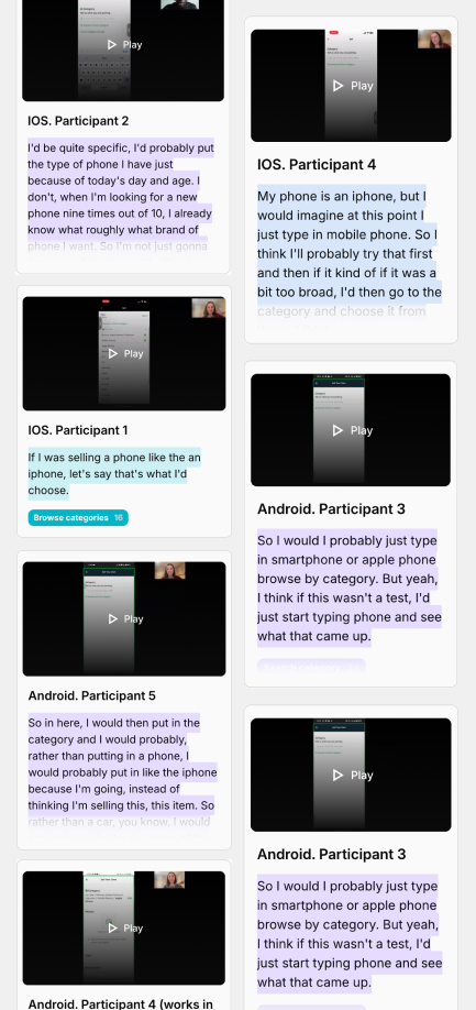 User feedback from validation testing: participant quotes and video thumbnails by platform