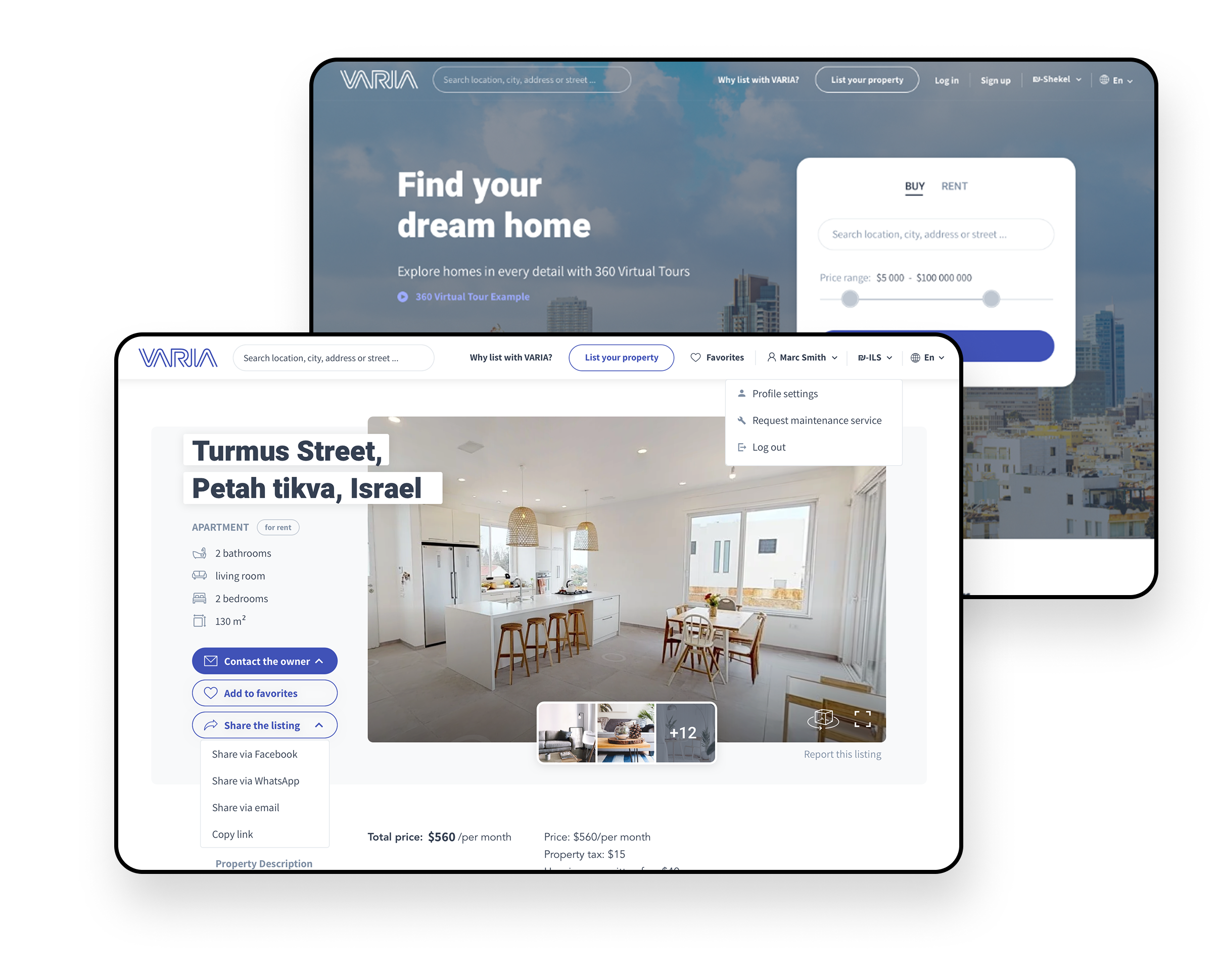Varia Real Estate Platform showing homepage search interface and property details page with 360° virtual tour capabilities